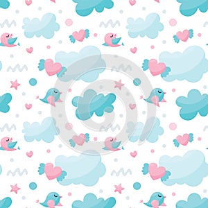 Seamless nursery cute pattern with birds, cloud, heart with wings, stars for kids