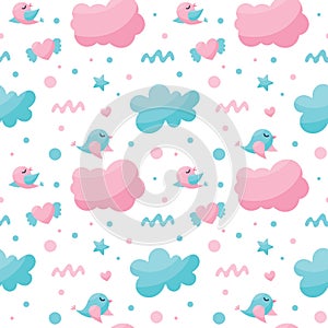 Seamless nursery cute pattern with birds, cloud, heart with wings, stars for kids