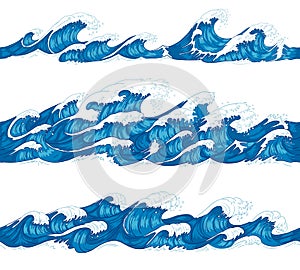 Seamless ocean waves. Sea surf, decorative surfing wave and water pattern hand drawn sketch vector illustration set