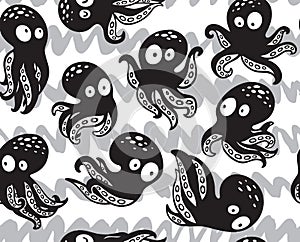 Seamless octopuses pattern in monochrome colors