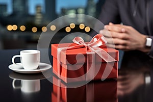 Seamless office gifting. Businessman, desk, red gift box. Copy space galore.