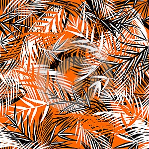 Seamless orange background with black and white coconut and fan-leaved palm leaves. Tropical print for fashion textile