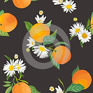 Seamless Orange pattern with tropic fruits, leaves, daisy flowers background. Hand drawn illustration in watercolor style summer