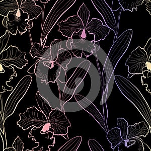 Seamless orchid flowers cattleya sketched pattern black