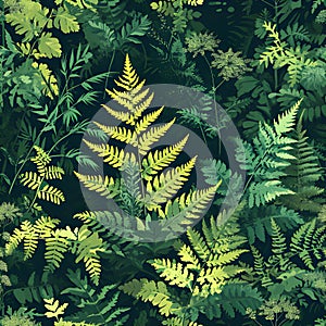 seamless organic pattern that captures the intricate textures of sunlit ferns in a shaded forest. AI Generated