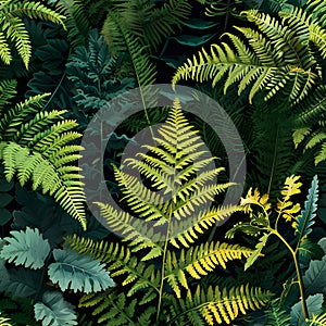 seamless organic pattern that captures the intricate textures of sunlit ferns in a shaded forest. AI Generated