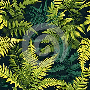 seamless organic pattern that captures the intricate textures of sunlit ferns in a shaded forest. AI Generated