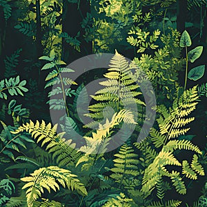 seamless organic pattern that captures the intricate textures of sunlit ferns in a shaded forest. AI Generated