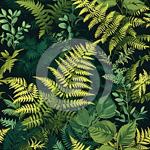 seamless organic pattern that captures the intricate textures of sunlit ferns in a shaded forest. AI Generated