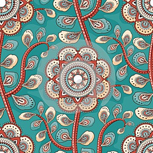 Seamless oriental pattern with mandala and turkish cucumber. Vector laced decorative background with floral and geometric ornament