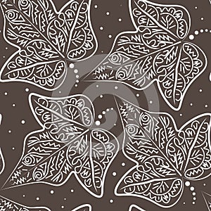 Seamless oriental pattern with white hand-drawn ivy leaves on brown background