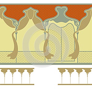 Seamless ornament in the band with the image of the architectural elements. Arched windows or loggia with curtains.