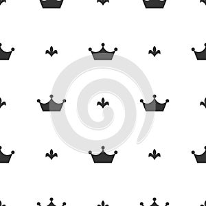 Seamless ornament with black crowns and royal lily on white background. Royal, luxury, vip, first class. Monarchy