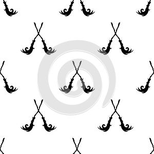 Seamless ornament with crossed brooms. Witch broom pattern. Halloween party wallpaper