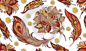 Seamless ornament with feathers and flowers