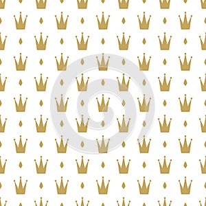 Seamless ornament with golden crowns on white background. Royal, luxury, vip, first class. Monarchy, authority, power