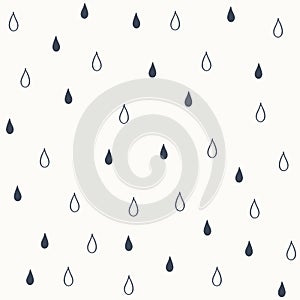 Seamless ornament with ink blue line water drops on white background. Nature, liquid, rain pattern. Vector illustration