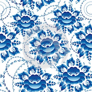 Seamless ornament pattern with blue flowers and leaves Vector