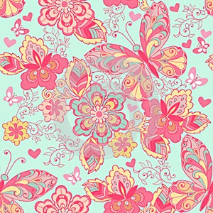 Seamless ornament with pink butterflies, hearts and flowers on a blue background. Decorative ornament backdrop for fabric