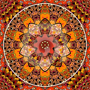 Seamless ornament with red tulip and patchwork mandala flower in vector. Ethnic style. Pillowcase, napkin or beautiful carpet