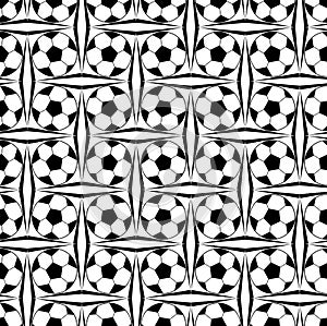 Seamless ornament with a soccer balls in a black - white colors.