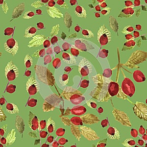 Seamless ornament with watercolor berries and rosehip leaves