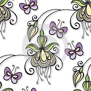 Seamless Ornate Floral Pattern with Butterflies
