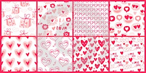 Seamless  Ornate Patterns. Set of Valentines Day Vector backgrounds With Hearts and other Decorations.