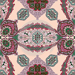 Seamless ottoman motifs pattern with Mandala and flowers on pink background.