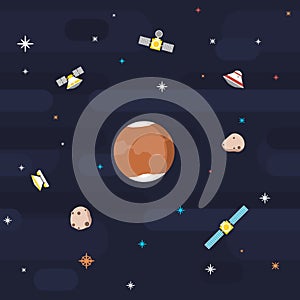 Seamless outer space pattern Planet Mars in flat style