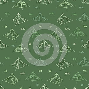 Seamless outline pattern of outdoor teepee tent camping and grass. ready to use for cloth, textile, wrap and other