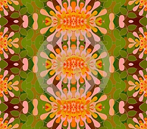 Seamless oval blossoms yellow orange pink with green leaves