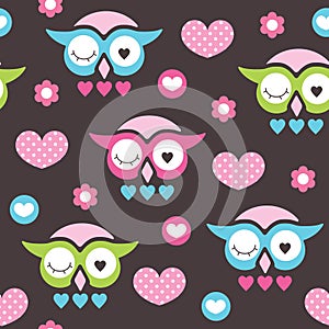 Seamless owl love and flower pattern vector illustration