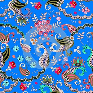 Seamless paisley floral pattern on blue background in vector. Rose, cosmos flowers,daisy and leaves and fantasy buta ornament