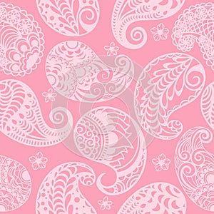 Seamless Paisley pattern on a pink background. Template for packaging