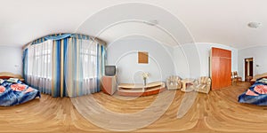 seamless 360 panorama in interior of bedroom of cheap hotel, flat or apartments with chairs and table in equirectangular