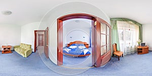 seamless 360 panorama in interior of bedroom of cheap hotel, flat or apartments with chairs and table in equirectangular