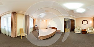 Seamless 360 panorama in interior of bedroom of cheap hotel,  flat or apartments with chairs and table in equirectangular