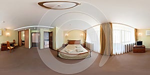 Seamless 360 panorama in interior of bedroom of cheap hotel,  flat or apartments with chairs and table in equirectangular