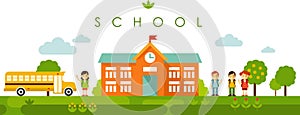 Seamless panoramic background with school building in flat style