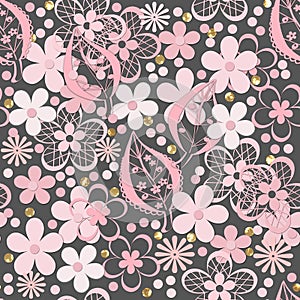 Seamless paper cut lace floral pattern on gray