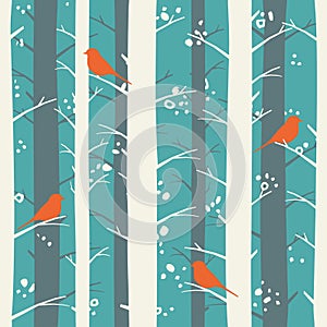 Seamless parus bird print. Vector illustration of winter forest. Season specifics pattern.