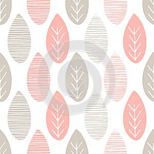 Seamless pastel nature vector pattern. Leaves with lines and twigs on white background. Hand drawn abstract spring ornament