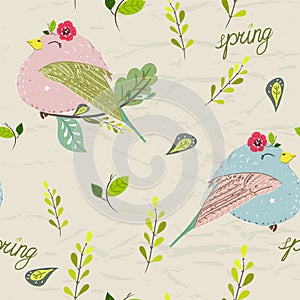 Seamless pastel pattern of birds with floral elements on crumpled paper background.