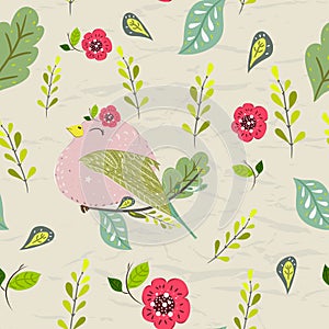 Seamless pastel pattern of birds with floral elements on crumpled paper background. Vector illustration