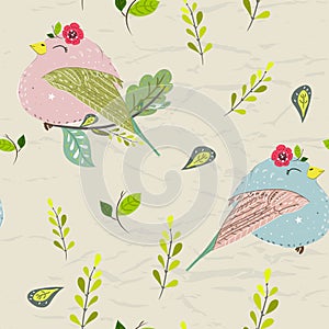 Seamless pastel pattern of birds with floral elements on crumpled paper background. Vector illustration