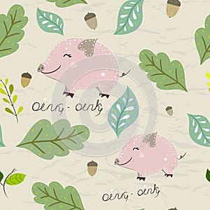 Seamless pastel pattern of mini-pig with floral elements on crumpled paper background. Vector illustration.