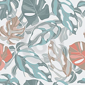 Seamless pastel soft botanic pattern with monstera leaf ornament. Green, pink and beige pale color elements on light background