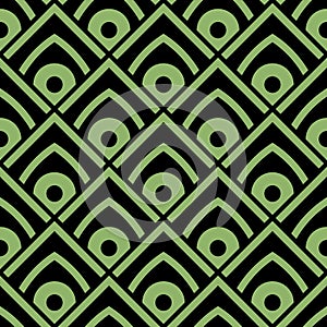 Seamless patchwork with abstract green pattern on black background. Vector design