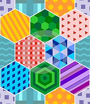 Seamless patchwork with color hexagonal abstract patterns. Vector design